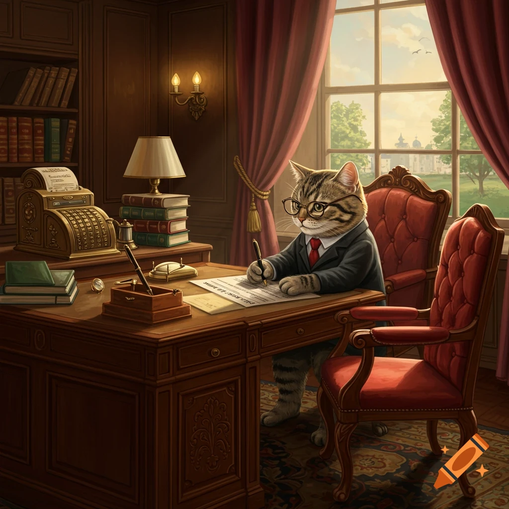 An anthropomorphic tabby cat in a suit and glasses sits at a desk, writing on a document in a richly decorated office.
