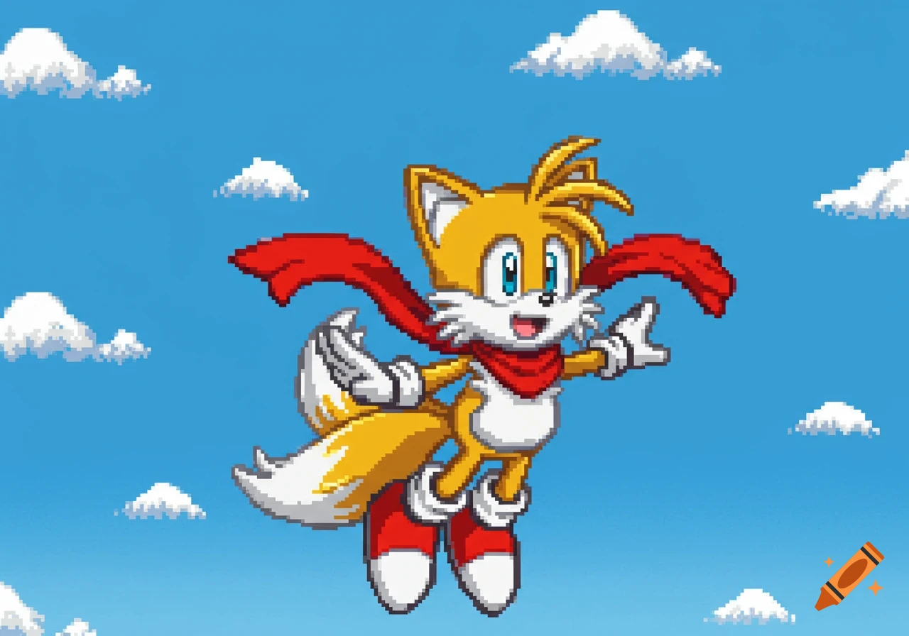 Pixel art of Tails the fox flying against a blue sky with white clouds, wearing a red scarf and red shoes.