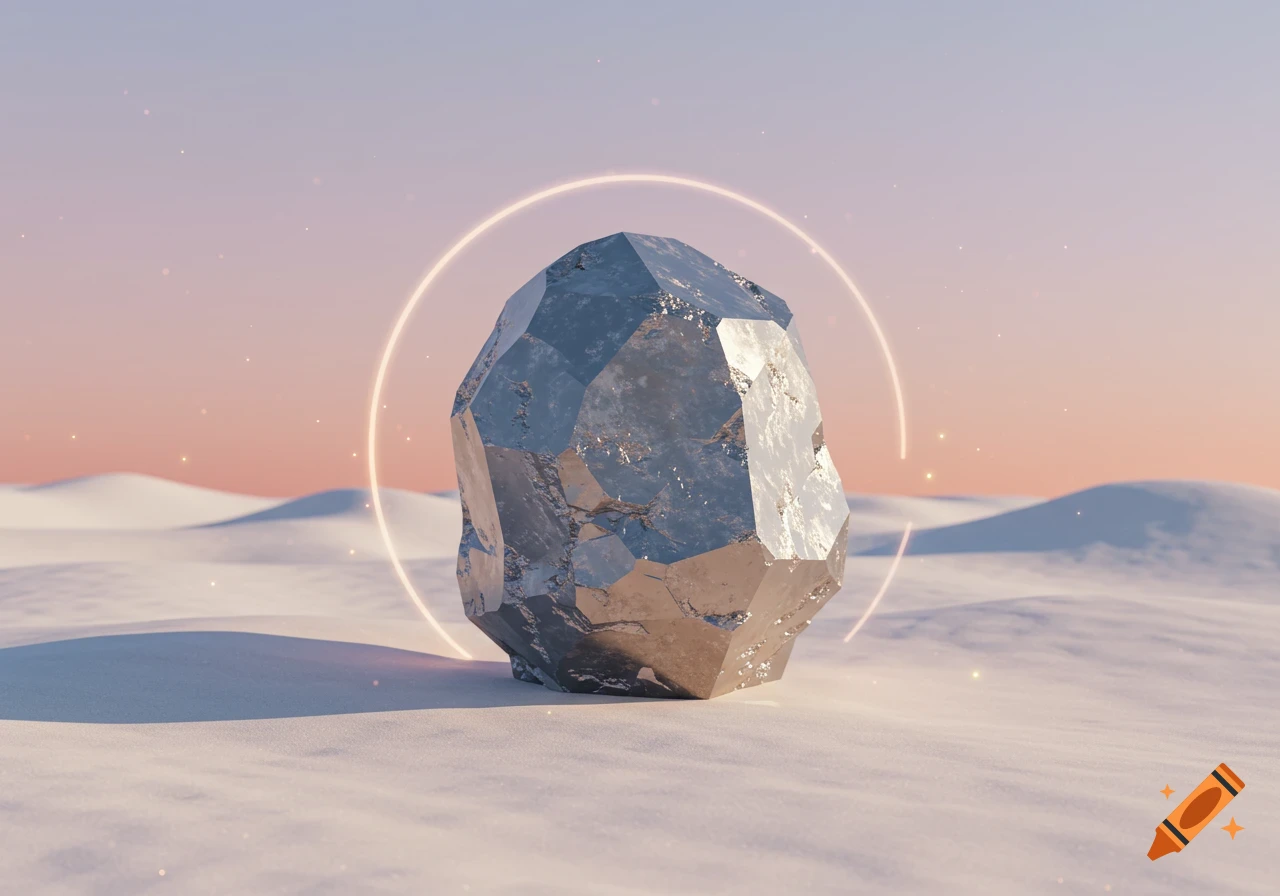A large, faceted metallic mineral stands in a snowy landscape under a pale sky, encircled by a glowing light ring.