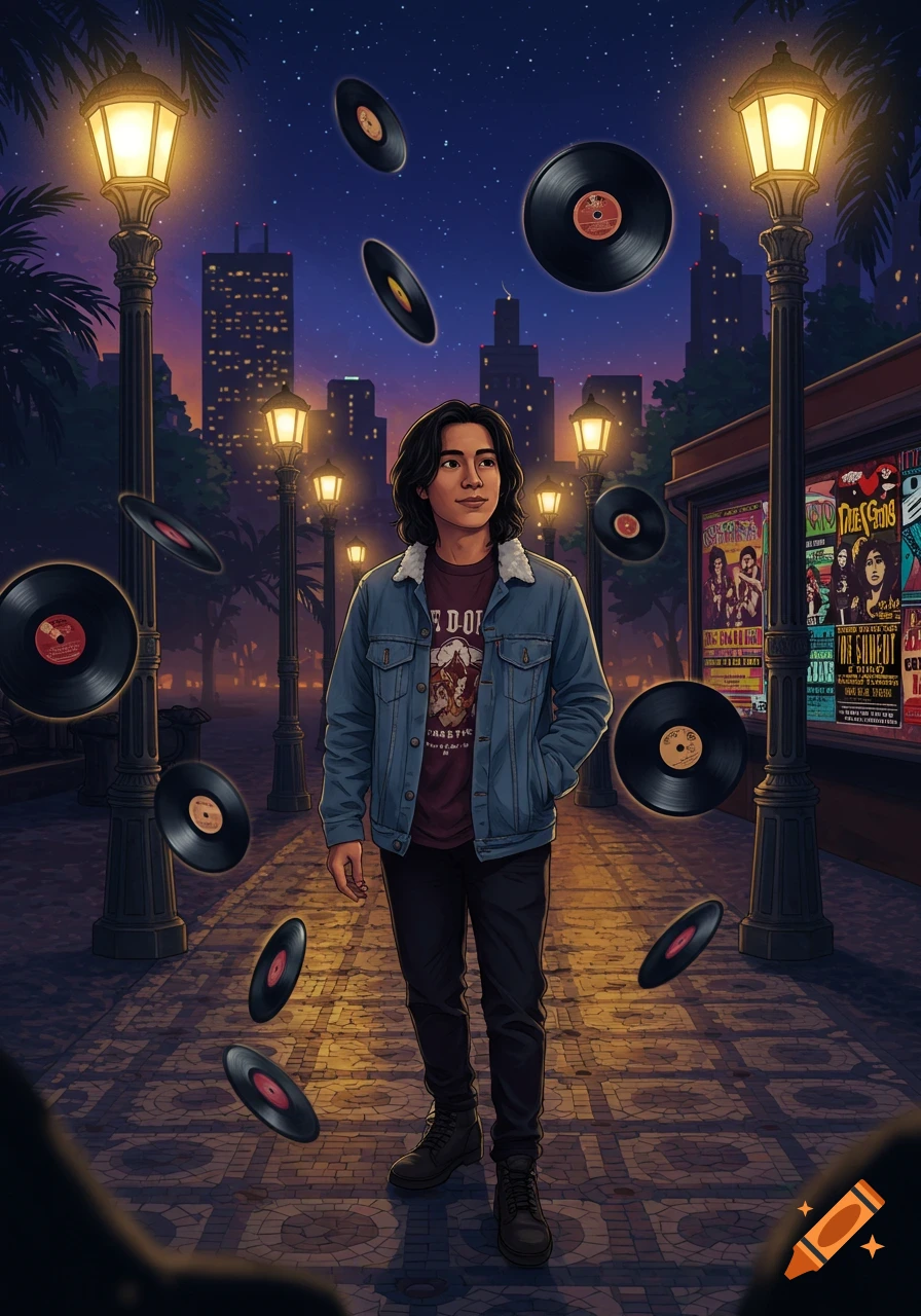 An illustration of a young man walking down a lit street at night with floating vinyl records, city skyline, and concert posters.