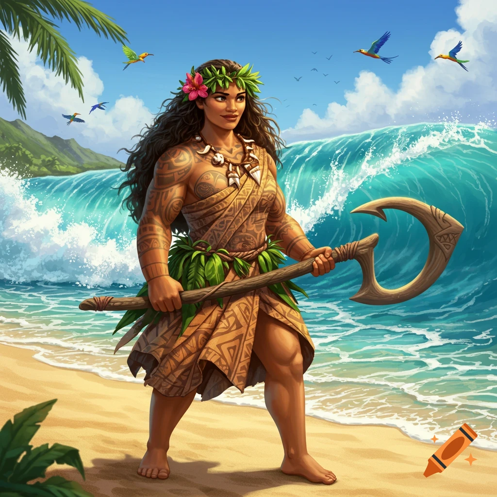 Muscular, tattooed woman with long dark hair, wearing traditional attire and a flower lei, holding a large fishhook on a tropical beach with a big wave.