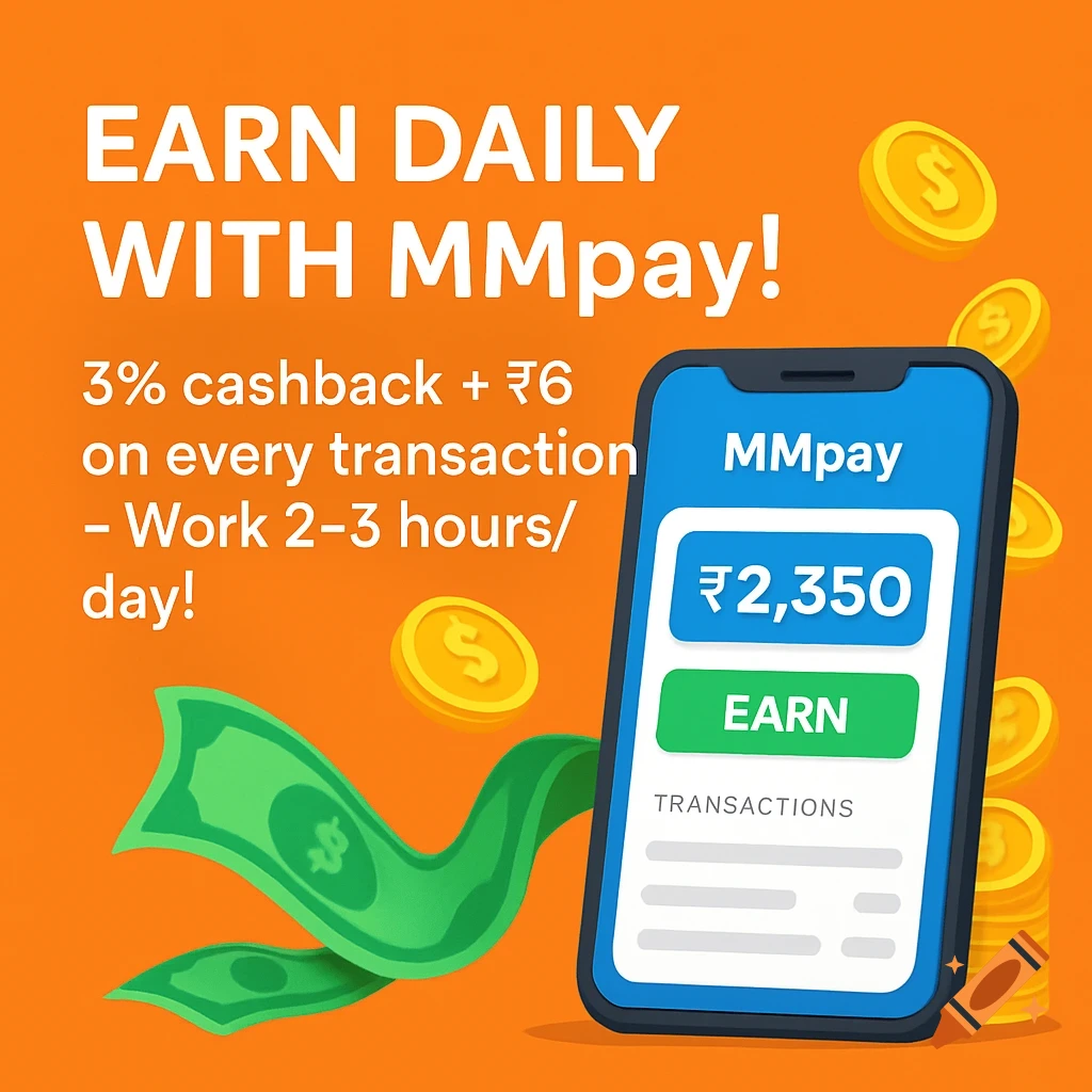 Illustration on an orange background showing a smartphone with an MMpay app interface, a green banknote, and gold coins. Text reads 'Earn Daily with MMpay!' and details cashback.