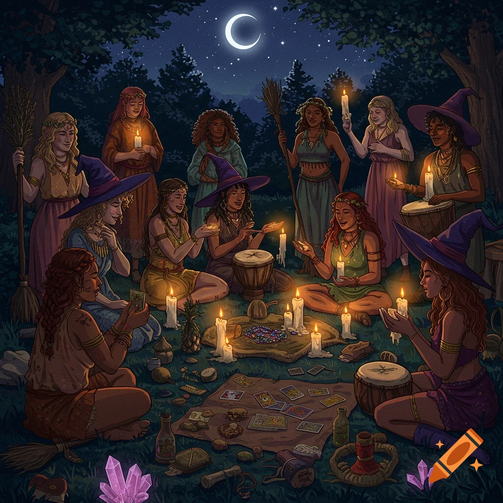 A group of diverse witches gathers in a forest at night, celebrating with candles, tarot cards, drums, and crystals under a crescent moon. Art style is a detailed illustration.