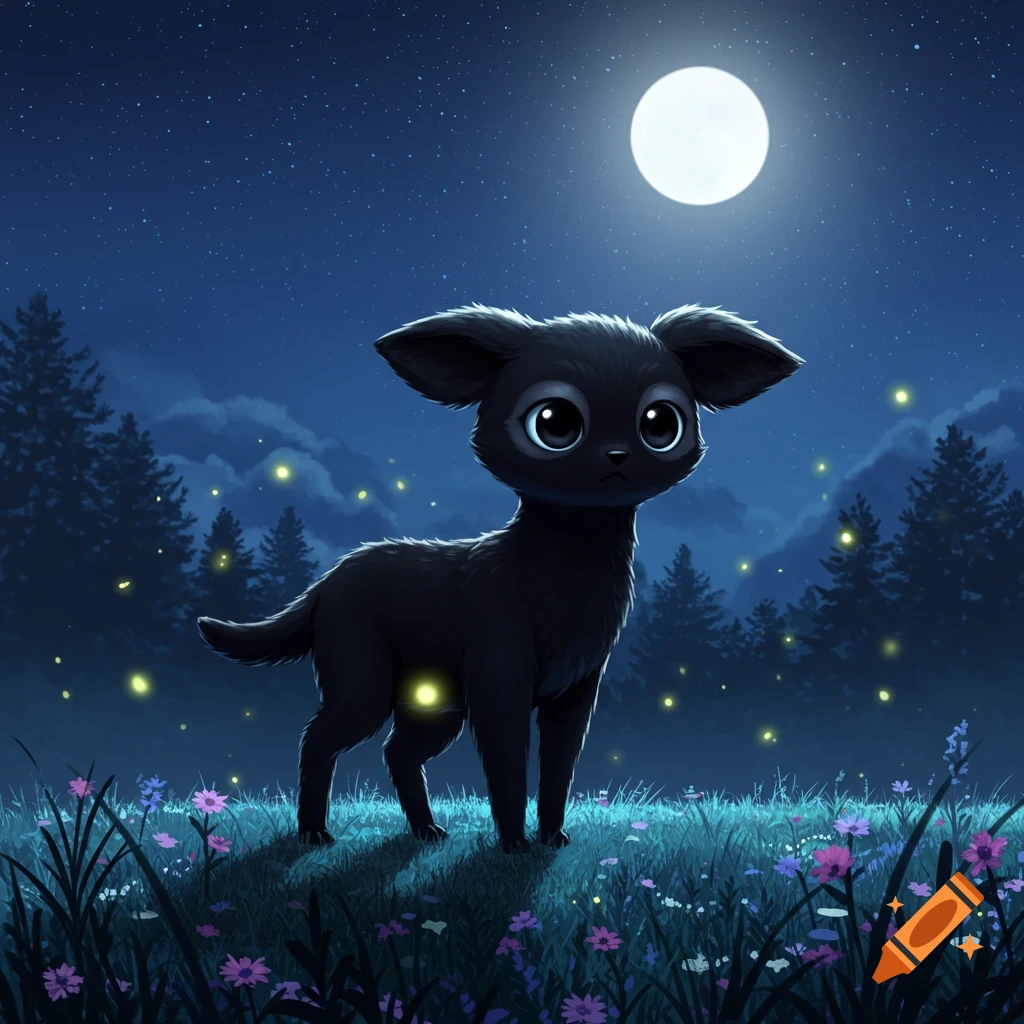 A cute, black, big-eyed, cartoon-style animal stands in a glowing, moonlit forest meadow filled with fireflies.