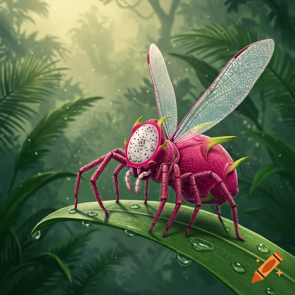 A vibrant pink spider-dragonfly-dragon fruit creature with clear wings and a speckled face sits on a dew-covered leaf in a lush jungle, digital art.