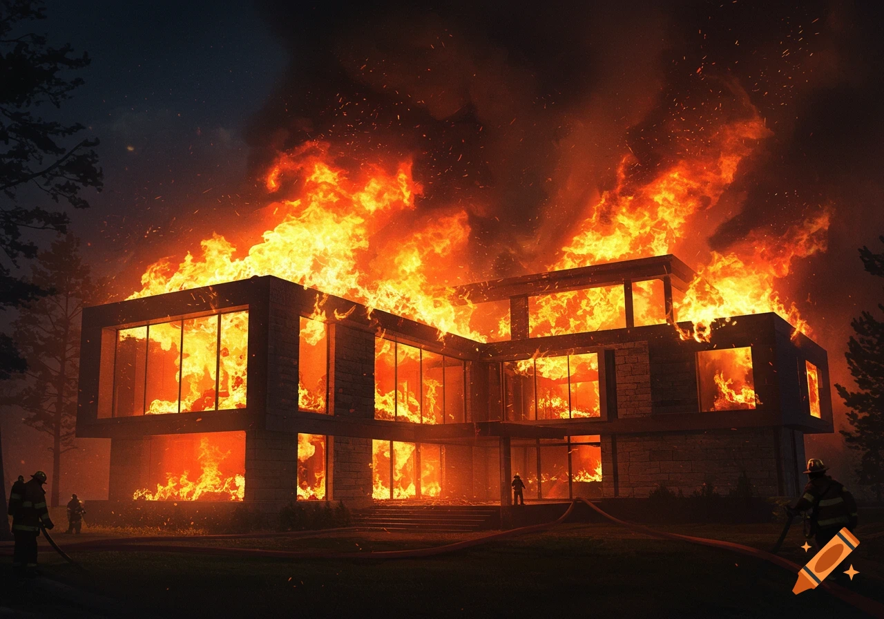 Photorealistic image of a modern mansion engulfed in massive flames at night, with firefighters battling the blaze.