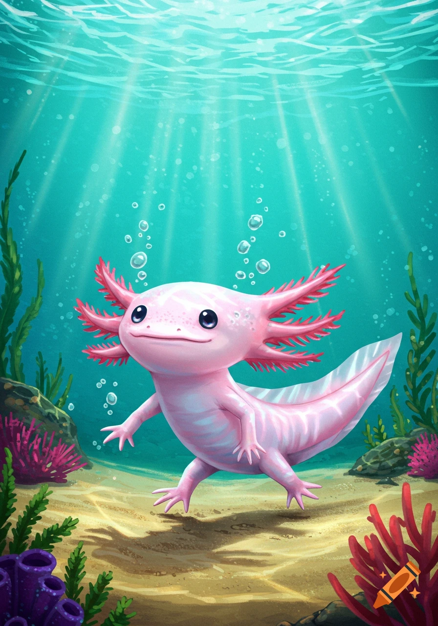 A cute, pink, cartoon axolotl with big eyes walks on a sandy ocean floor surrounded by underwater plants and sunlight.