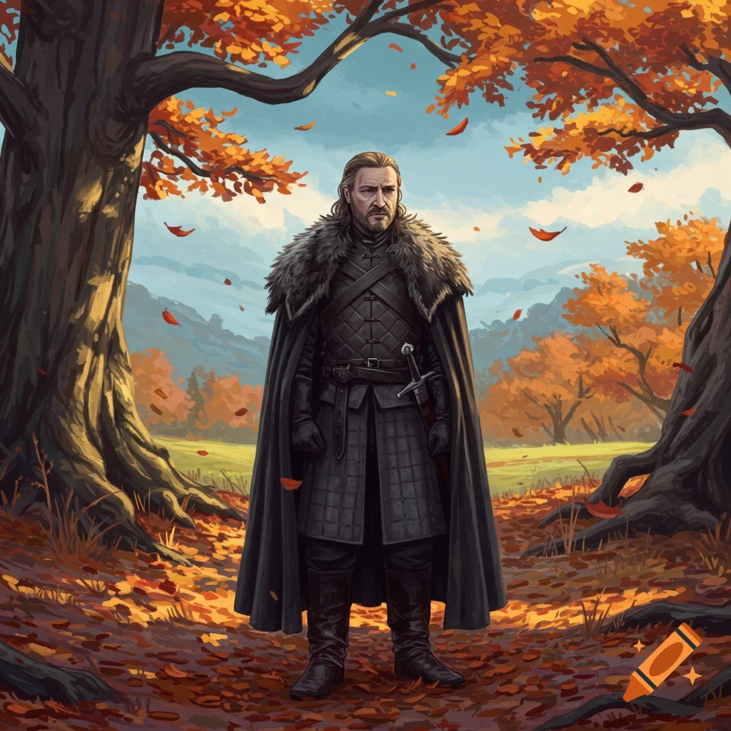 A man resembling Ned Stark in black fur-collared armor and cloak stands in an autumn forest with orange and red leaves.