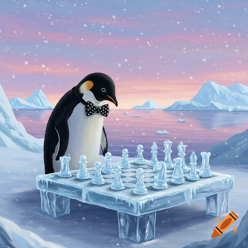 A dapper penguin in a bowtie plays chess on an ice board in a snowy arctic landscape under a colorful sky.