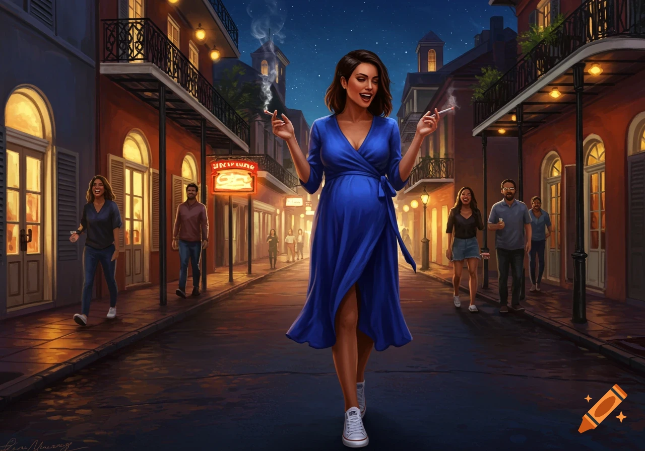 An illustration of a pregnant woman in a blue wrap dress, smoking and laughing, walking down a lively Bourbon Street at night.