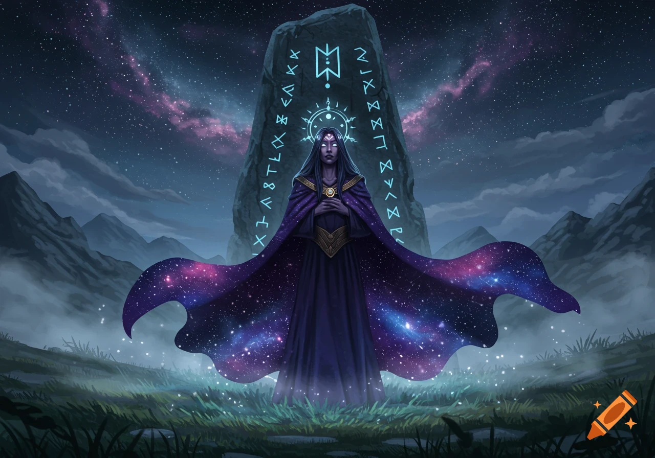 Mysterious figure in a cosmic cape stands before a rune-carved monolith under a starry night sky.
