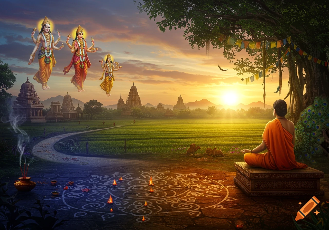 Monk meditates at sunrise in a rice field with Hindu deities floating above temples and offerings on the ground.
