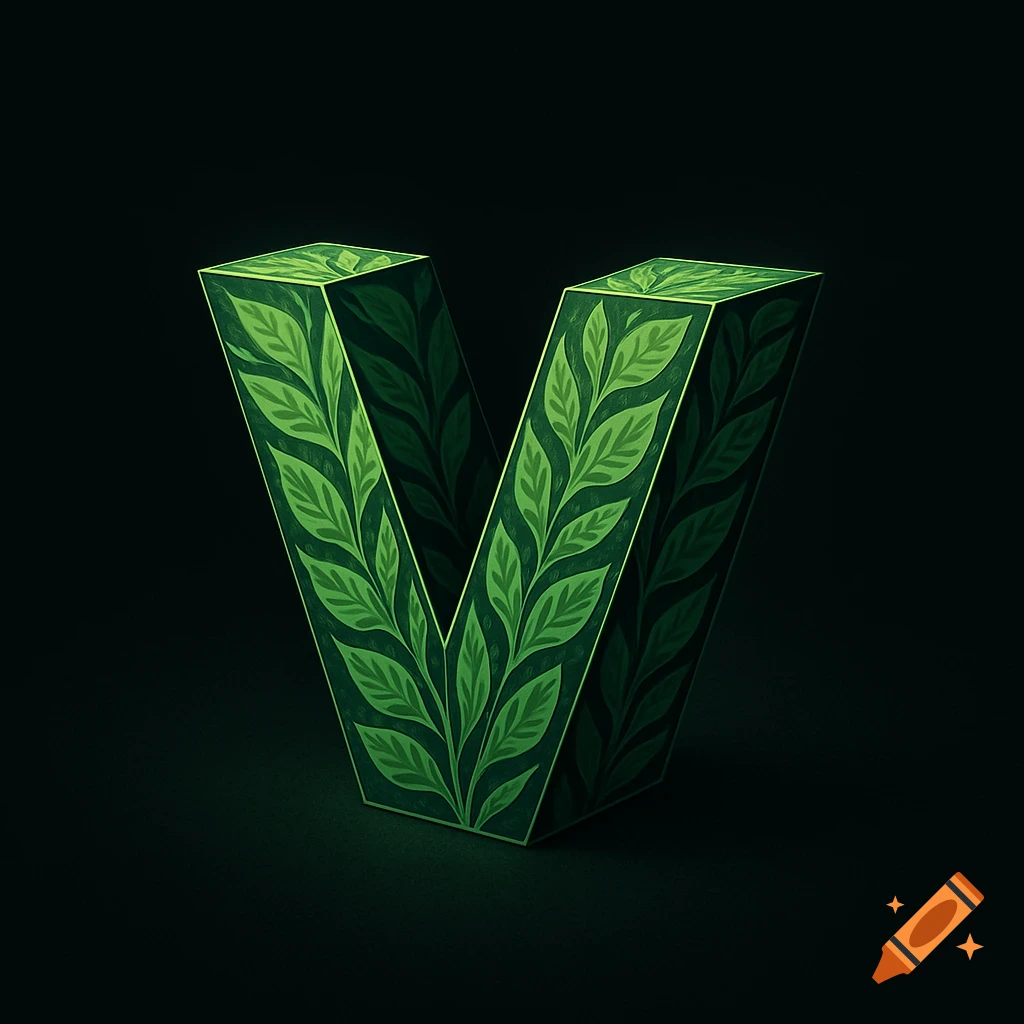 A stylized 3D letter V covered in green leaf patterns on a dark background.