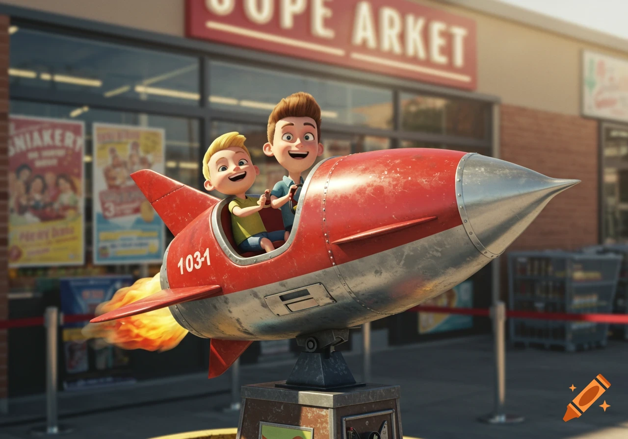 Two smiling cartoon boys ride a red and silver coin-operated rocket ship outside a supermarket.