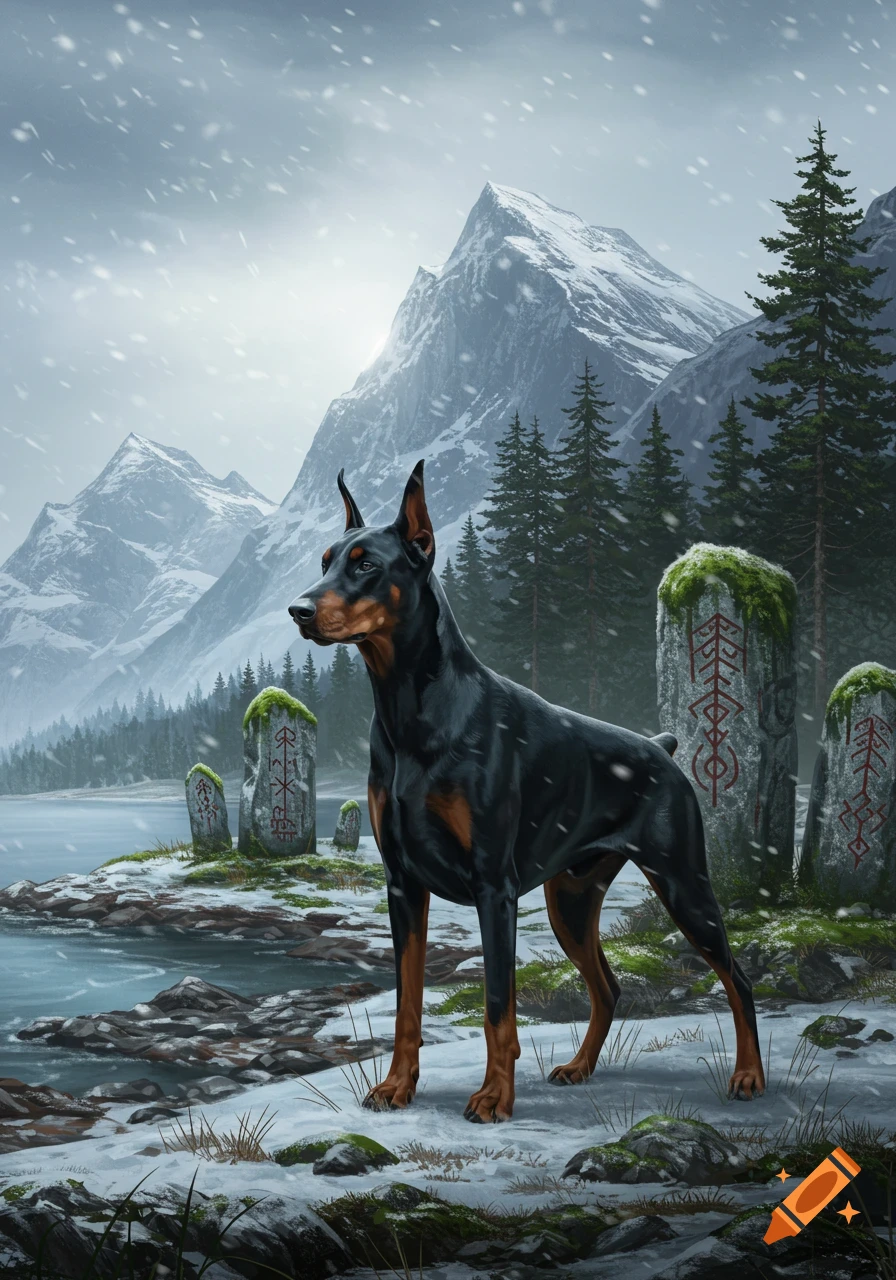 A black and tan doberman stands in a snowy mountain landscape with ancient runestones near a lake under falling snow, in a fantasy art style.