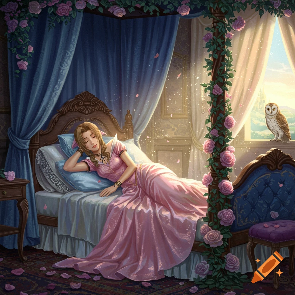 Aerith Gainsborough, dressed in a pink gown, sleeps peacefully in a rose-covered four-poster bed, an owl perched on the window sill.