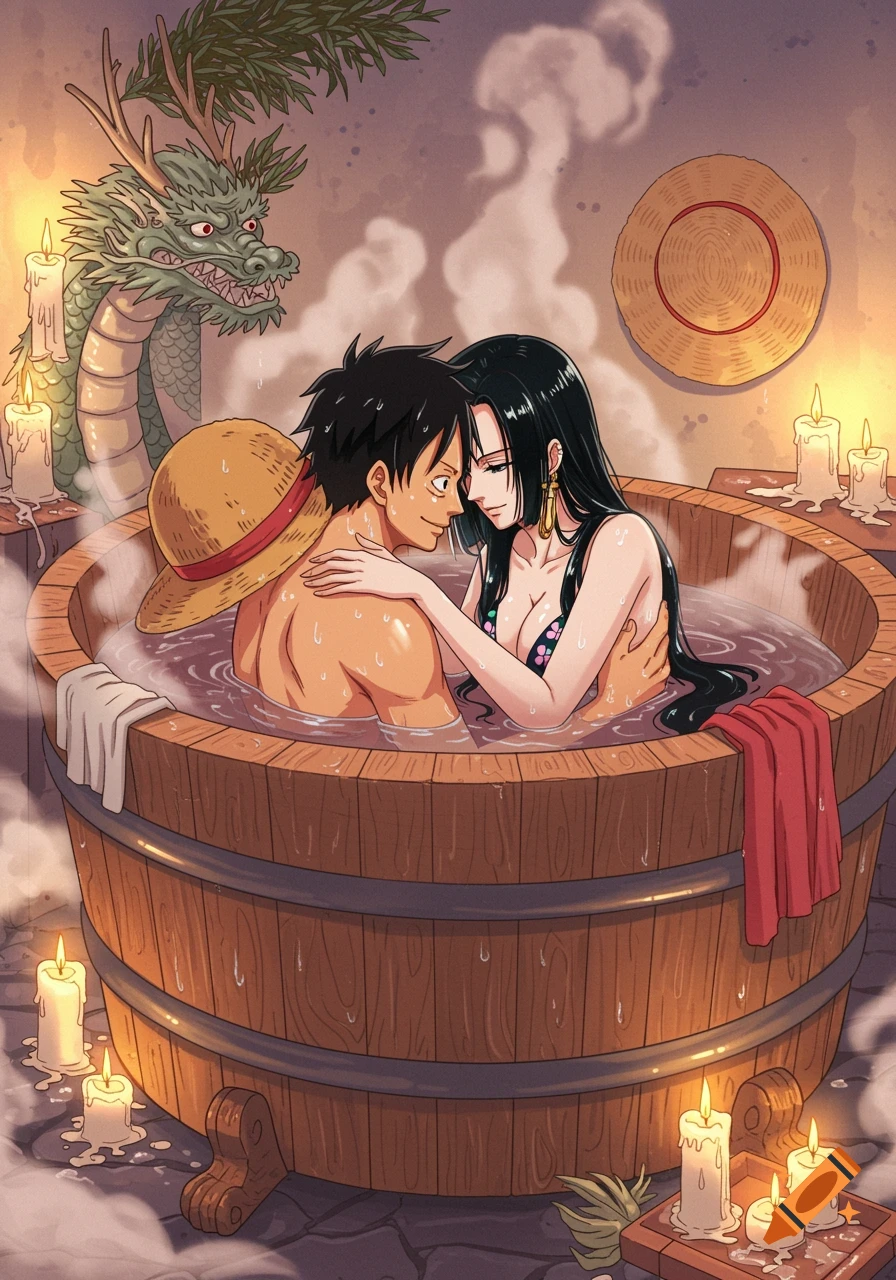 Luffy and Hancock from One Piece cuddle in a steamy wooden bath tub, surrounded by lit candles, in anime style.