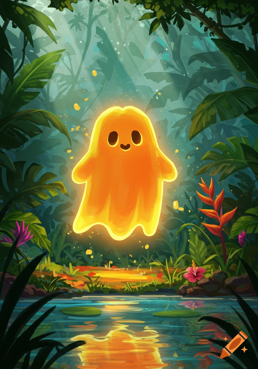 Vibrant illustration of a glowing orange ghost-like creature floating in a lush jungle with a pond below.