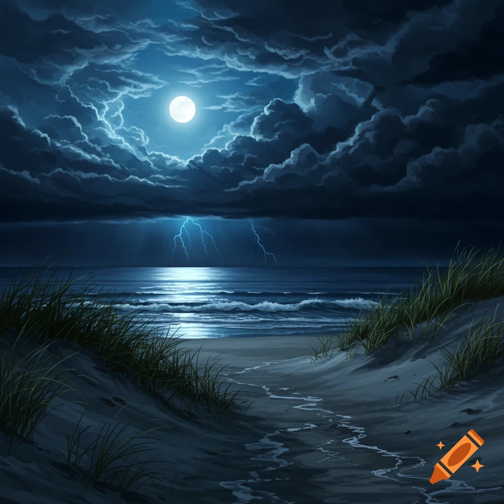 Moonlit stormy beach scene with lightning over the ocean, dark clouds, and grassy dunes in the foreground.
