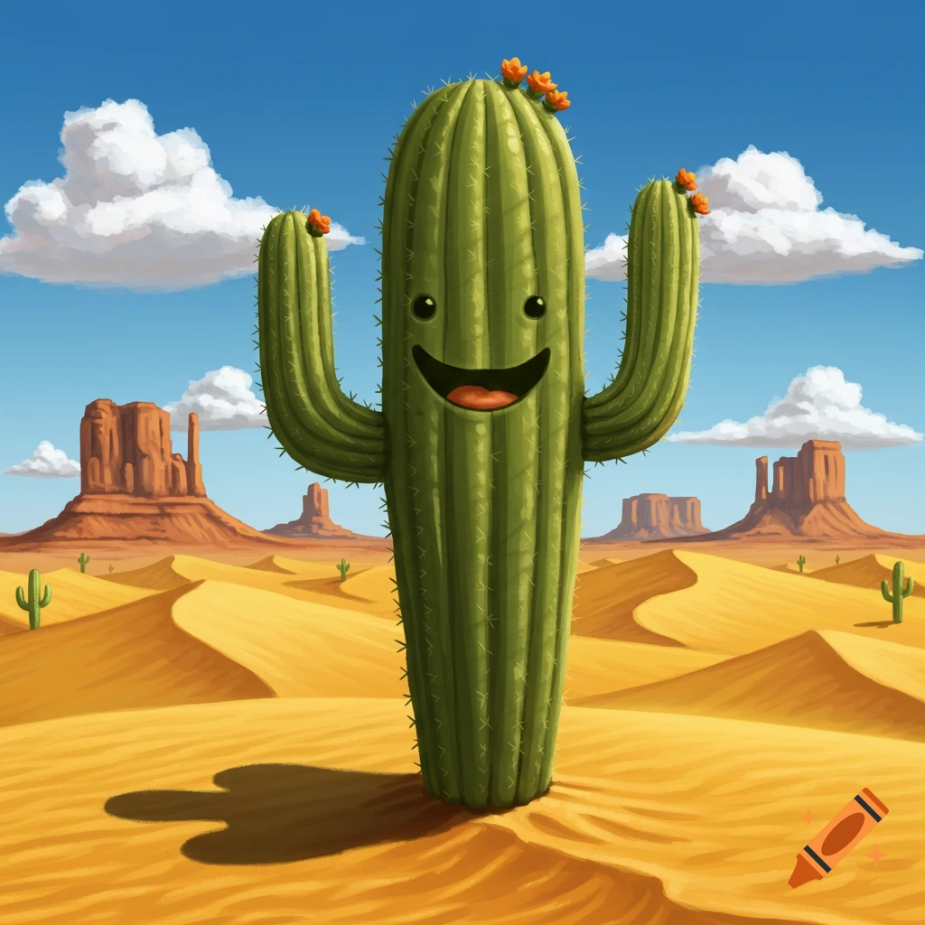 A cheerful, cartoon-style green cactus with a smiling face stands in a sunny desert with sand dunes and mesas.