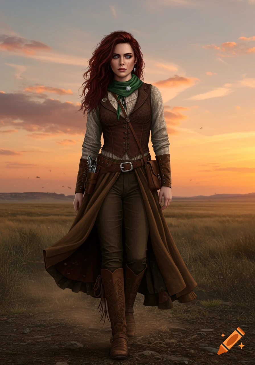 A woman with red hair wearing a Victorian Western outfit walks through a grassy field at sunset.