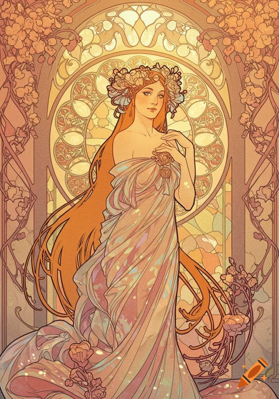 Art Nouveau illustration of a woman with long red hair, floral crown, and flowing pastel dress, against a stained glass floral background.