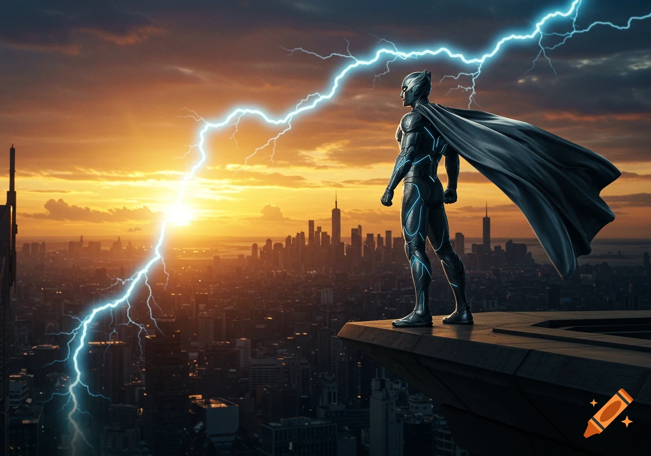 A superhero in a dark suit and flowing cape stands on a city skyscraper, gazing at a lightning-lit sunset over the urban skyline.