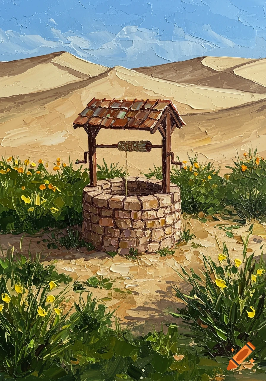 Impasto painting of a stone well with green plants and yellow flowers in a desert landscape under a blue sky.