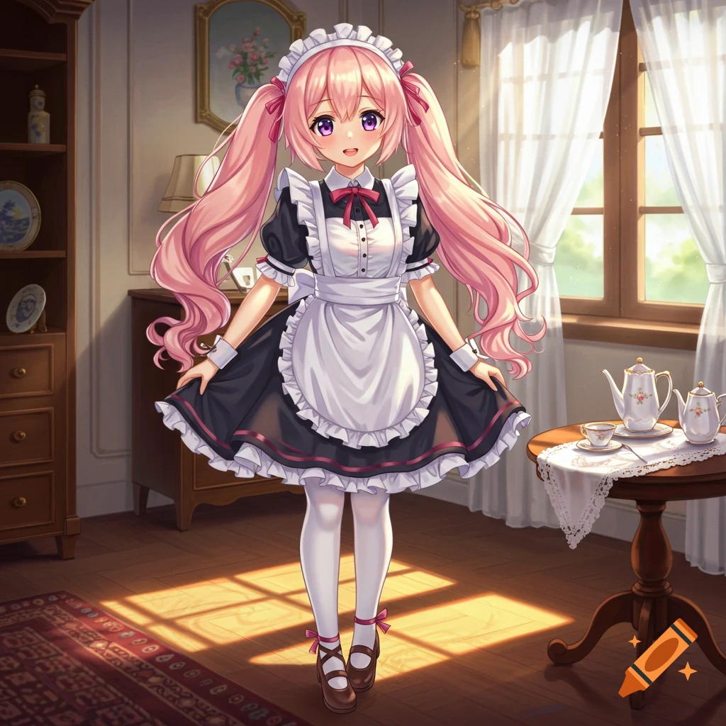 An anime maid girl with pink twin tails and purple eyes stands in a sunny room with a tea set and bookshelf.