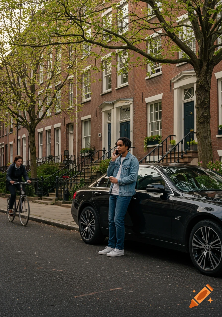 A young man talks on a phone while leaning on a black car on a city street, with a cyclist and brick buildings in the background.