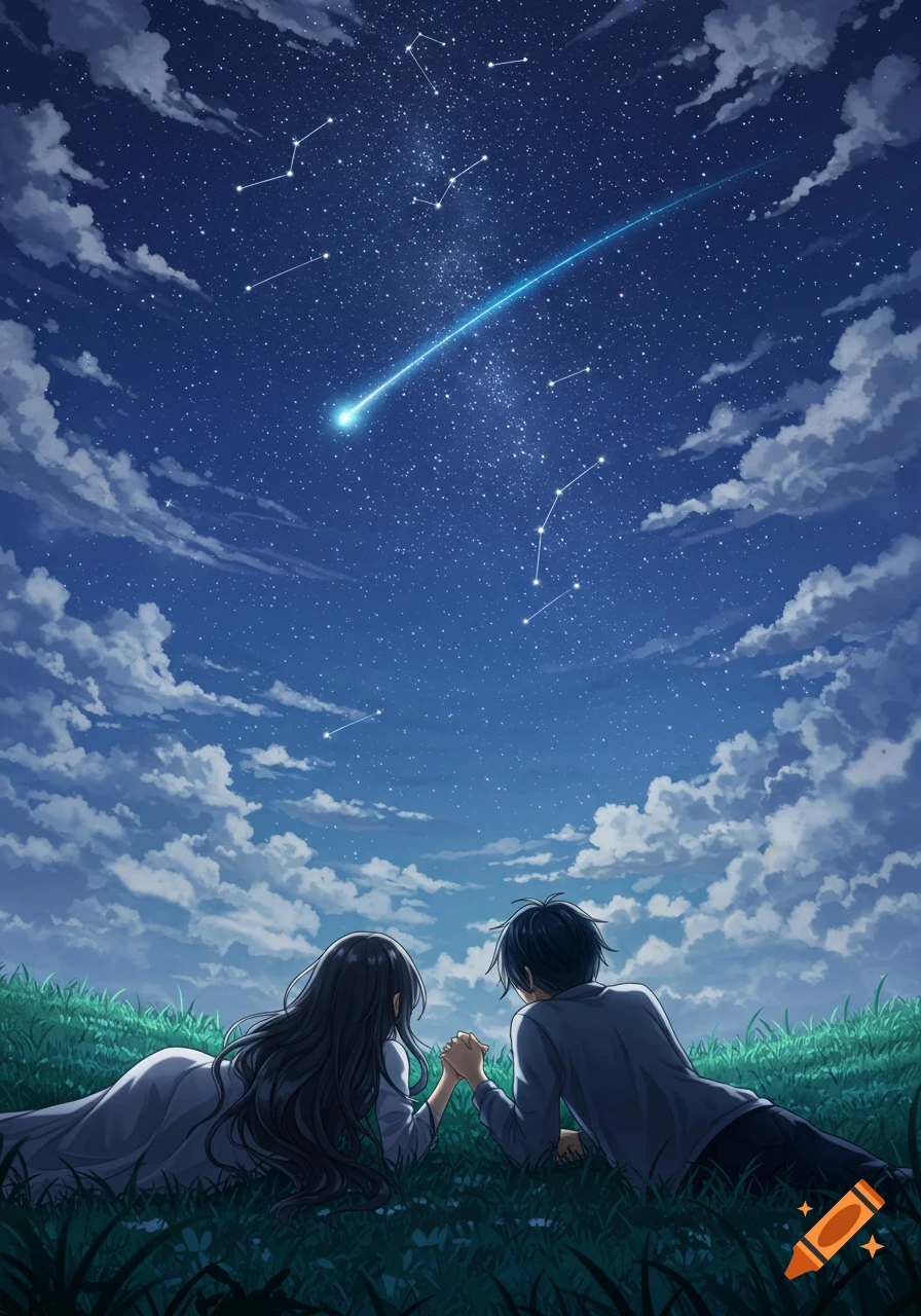 An anime couple lies on a grassy hill, holding hands, looking up at a shooting star in a deep blue, cloudy night sky.