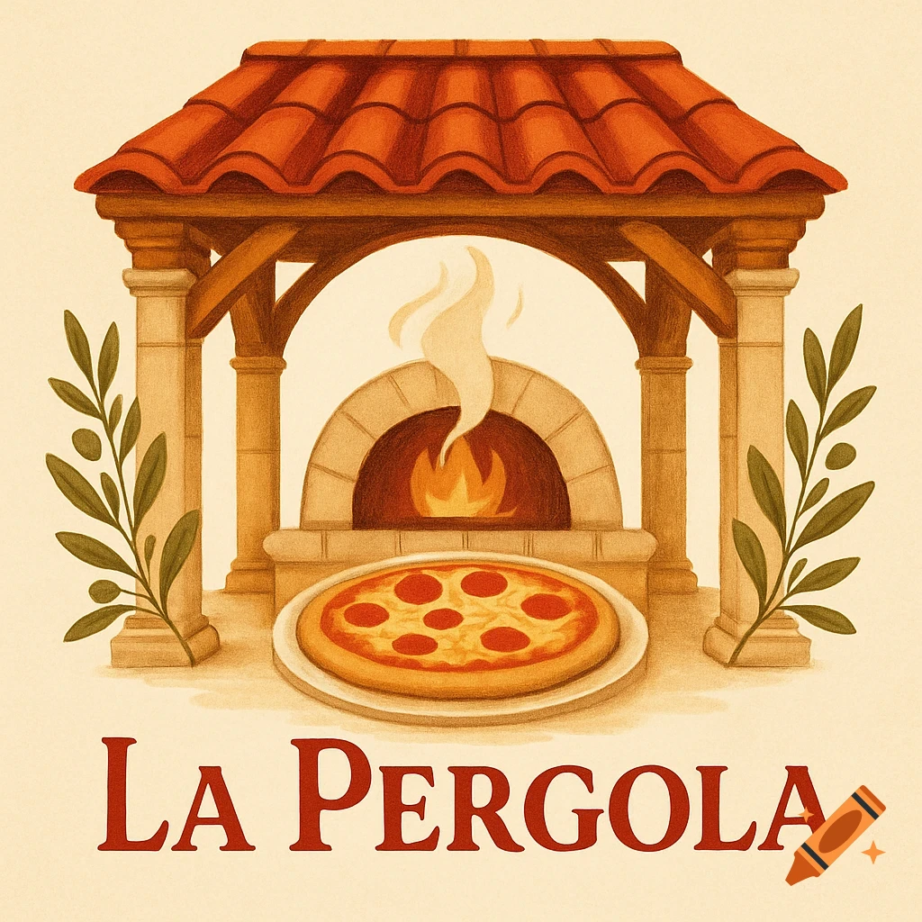 Stylized illustration of a wood-fired pizza oven under a red-tiled pergola with a pizza, and 'LA PERGOLA' text.