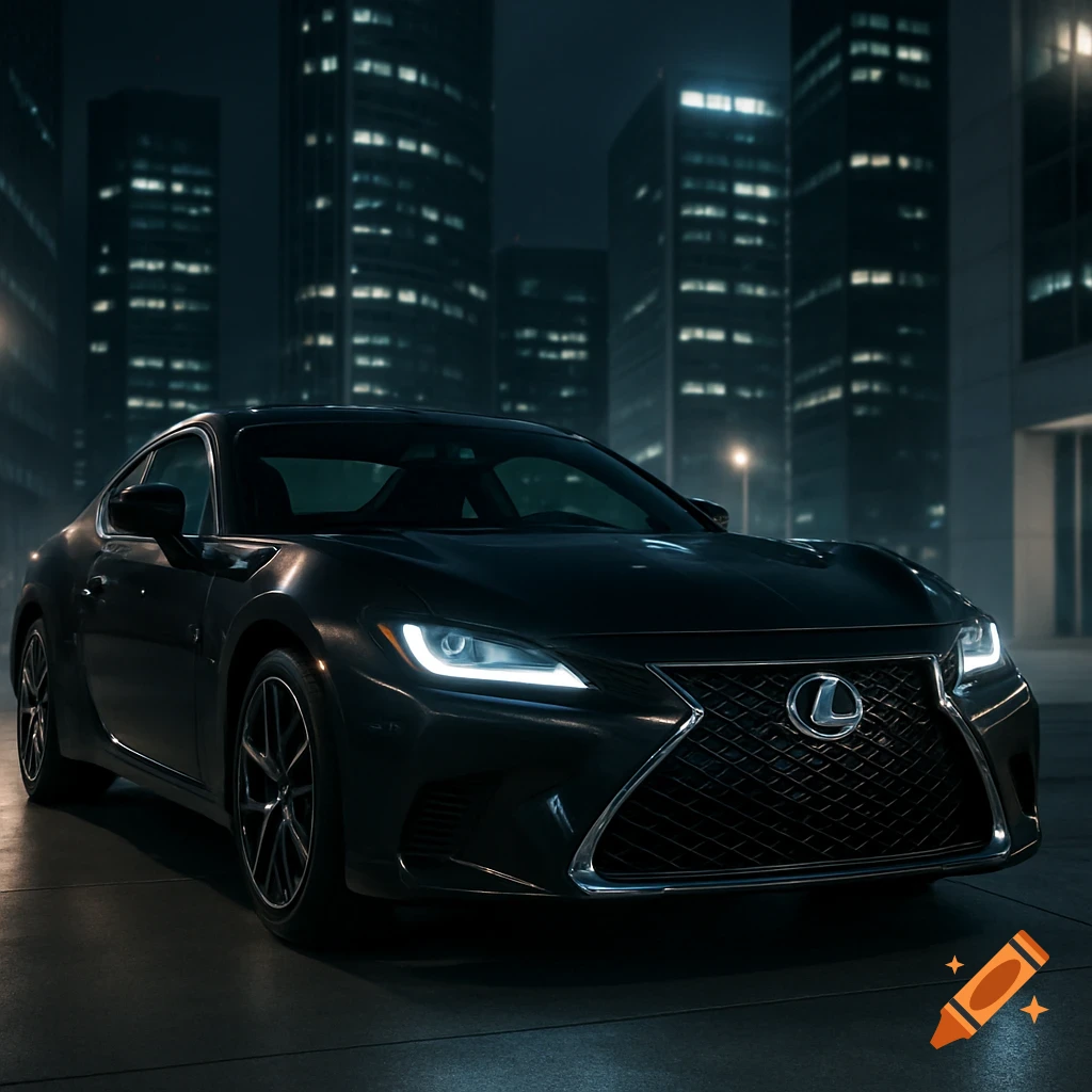 Dark Lexus sports car with illuminated headlights on a city street at night, with tall buildings in the background.