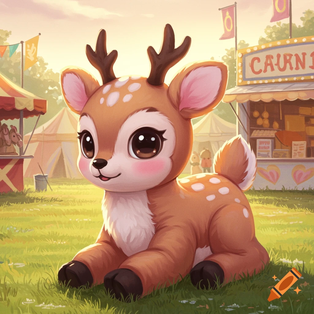 A cute, cartoon-style baby deer with large eyes and pink cheeks sits in a grassy field at a carnival.