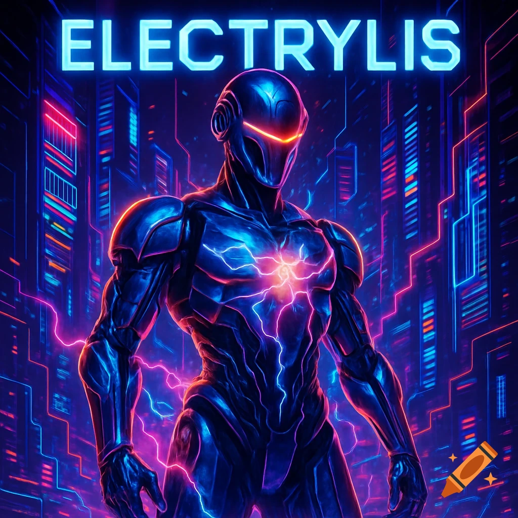 Futuristic, armored figure with glowing blue and pink lightning in a neon-lit cyberpunk city, with 'ELECTRYLIS' text above.