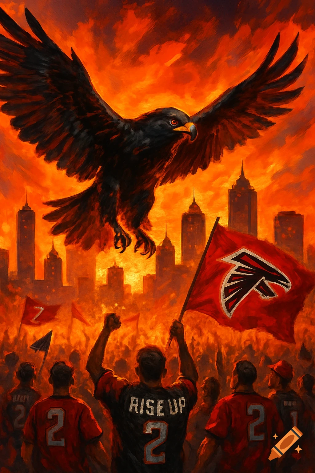 A large black eagle or falcon soars above a vibrant red and orange cityscape, with a crowd of people below holding Atlanta Falcons flags. One person wears a jersey with "RISE UP" on the back.