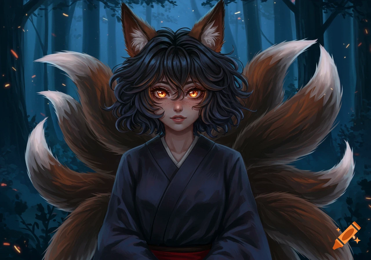 Digital painting of a dark-haired anime girl with fox ears, glowing amber eyes, and nine fluffy tails, wearing a dark kimono in a forest.