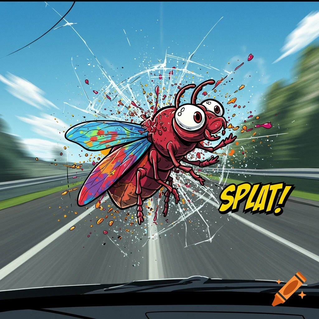 A cartoon red bug with colorful wings splattered on a car windshield, with the text 'SPLAT!' and a blurred road background in comic art style.