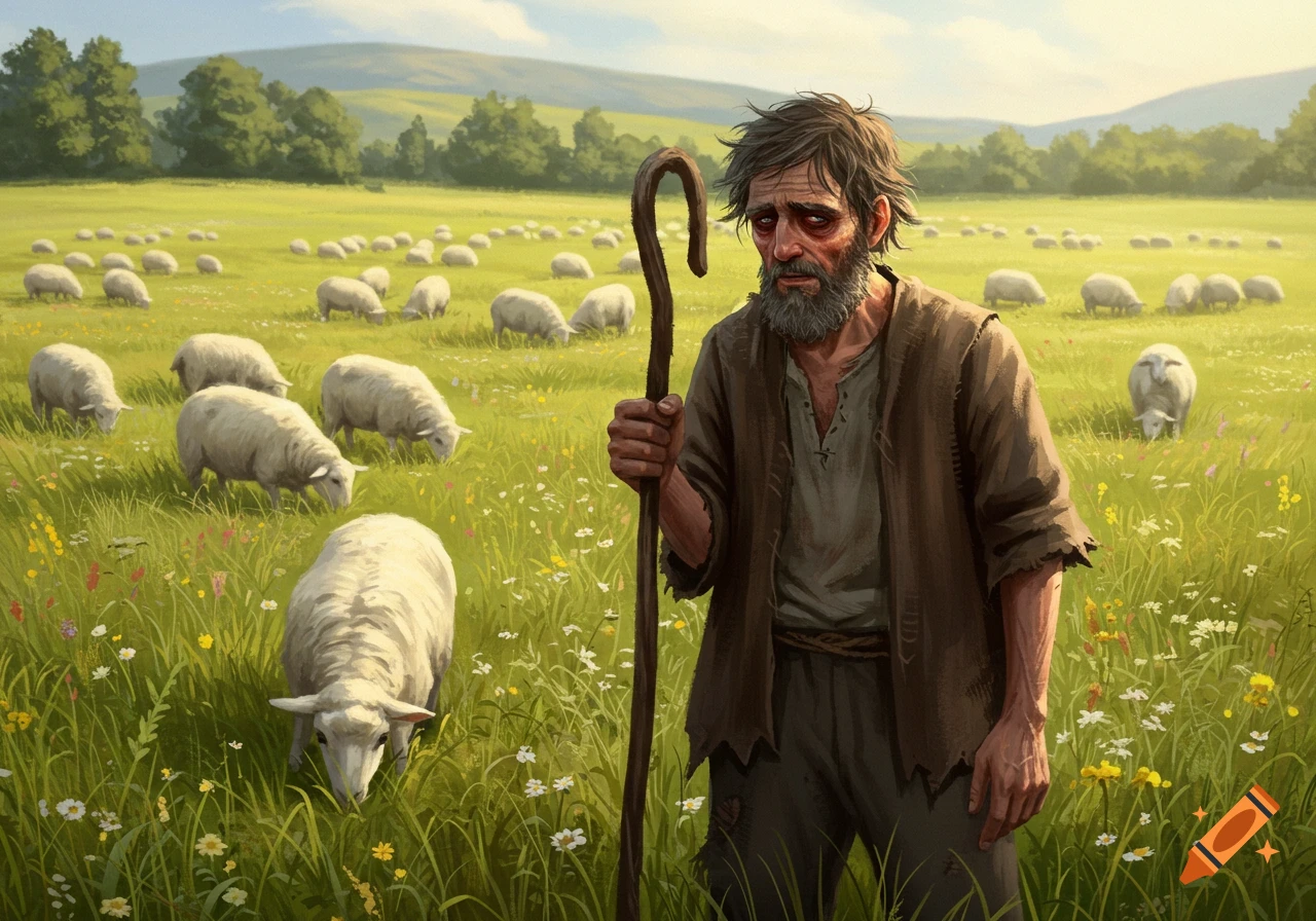 A weary, bearded shepherd with a staff stands in a lush green field with many grazing sheep in a painterly style.