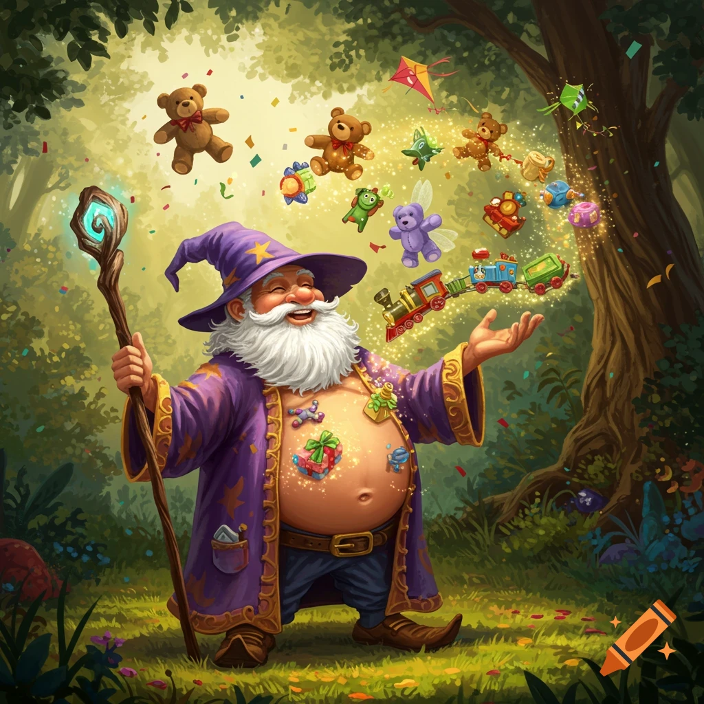 A cheerful wizard in a purple robe conjures toys like teddy bears and a train from his belly in a vibrant, whimsical forest illustration.