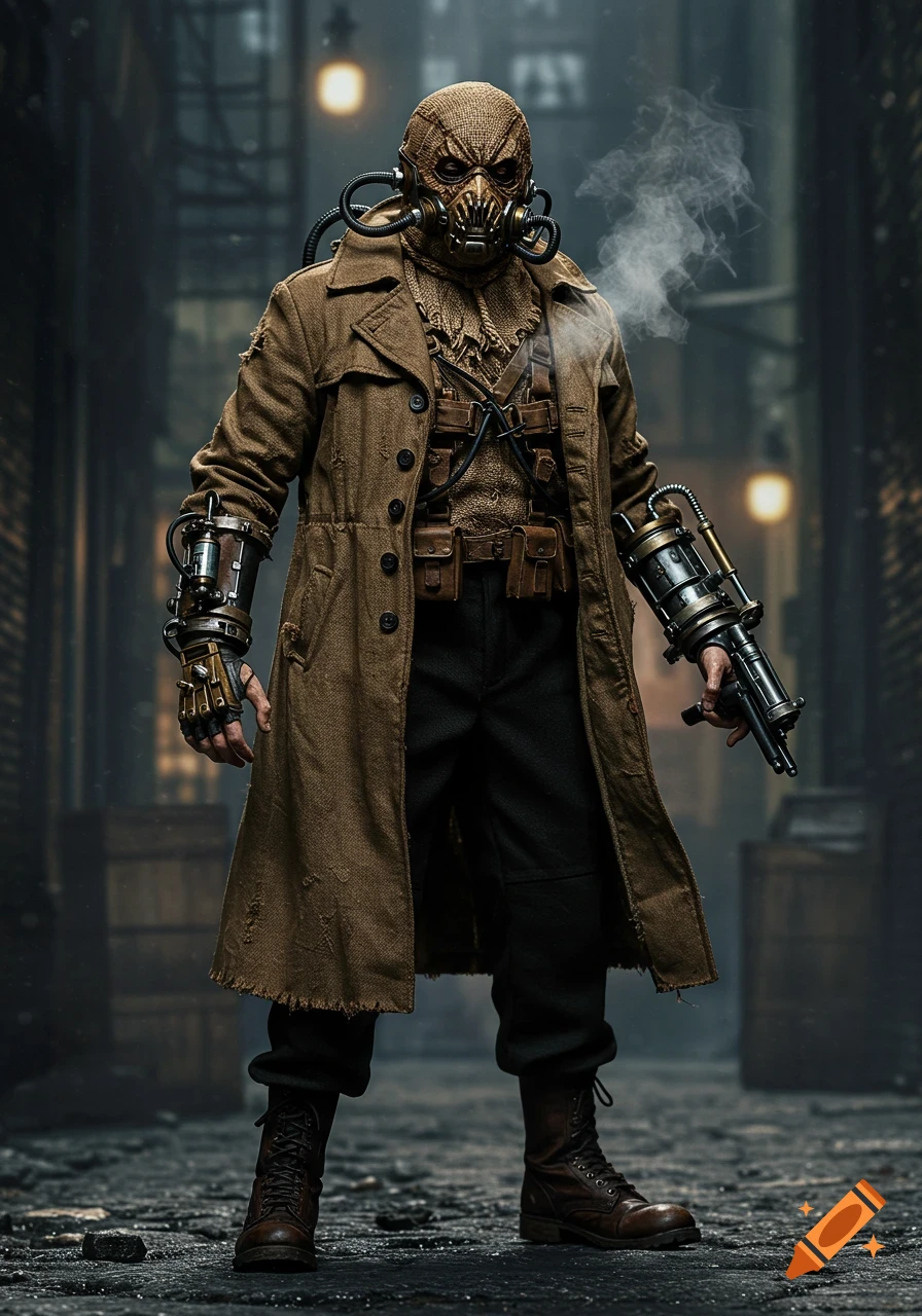 A photorealistic depiction of Scarecrow from Batman, wearing an industrial gas mask, burlap hood, trench coat, and steampunk-like devices on his wrists, standing in a dark, grimy alley with steam rising.