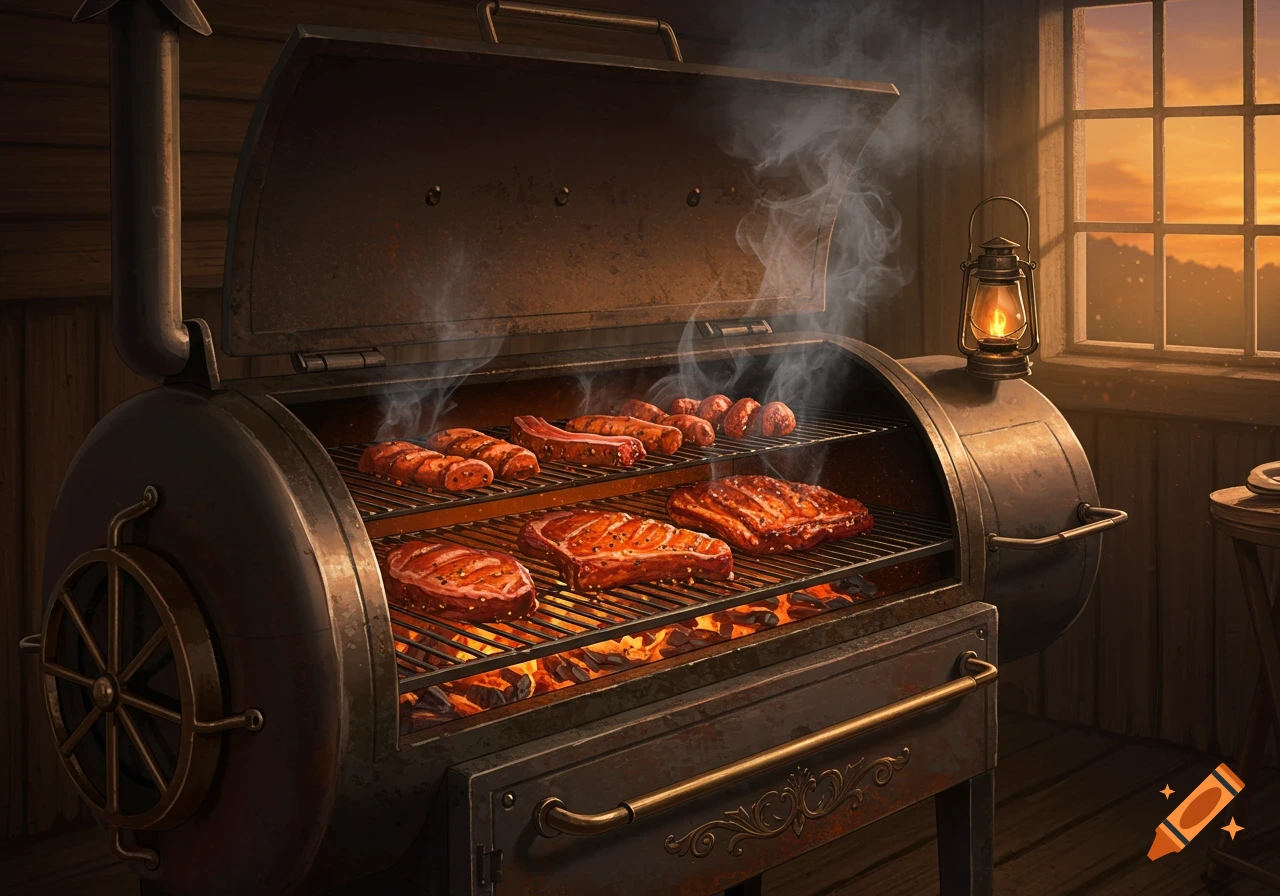 Photorealistic smoker grill with steaks and sausages cooking over coals, smoke rising in a rustic room at sunset with a lantern.
