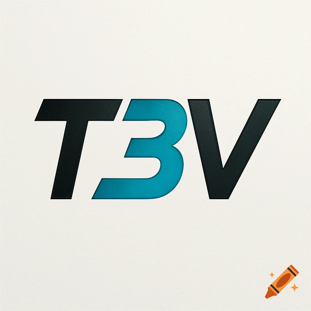 Stylized T3V logo with black T and V, and a teal 3, debossed on a light textured background.