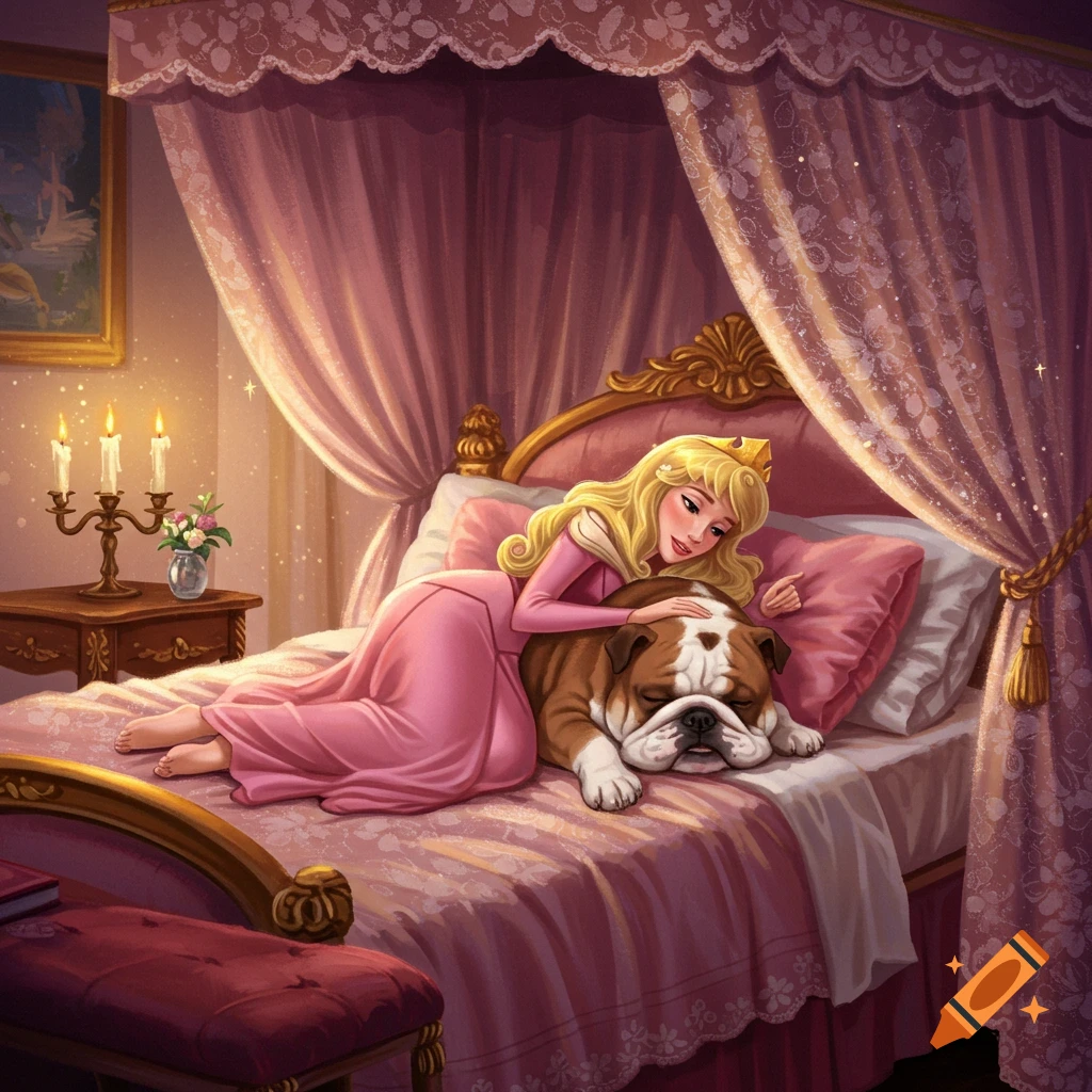 Princess Aurora, with long blonde hair and a gold crown, lies in a canopy bed, snuggling a sleeping bulldog. The bedroom has pink drapes and a lit candelabra.