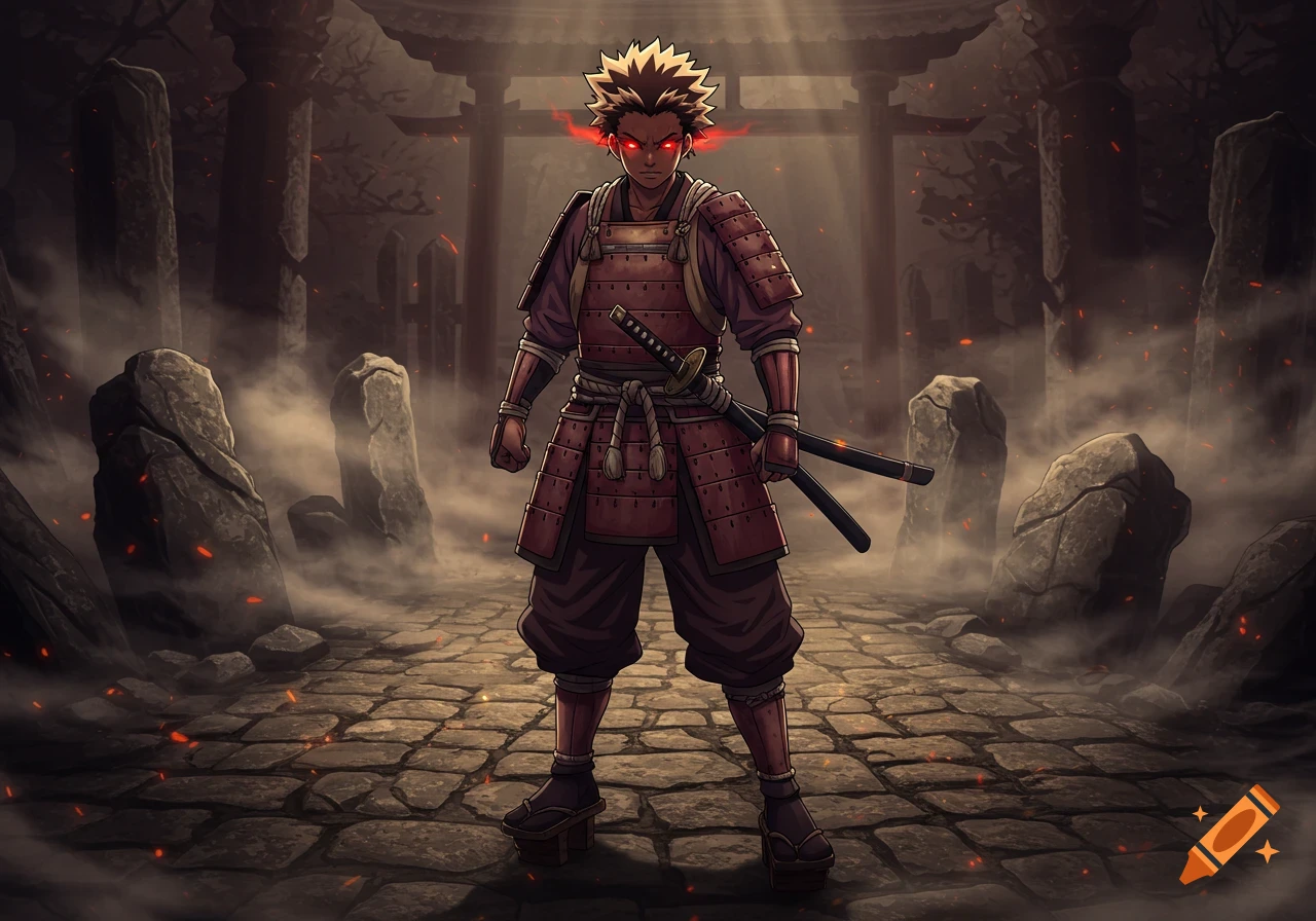 Anime-style young male samurai warrior with spiky blonde hair and glowing red eyes stands in a misty stone courtyard.