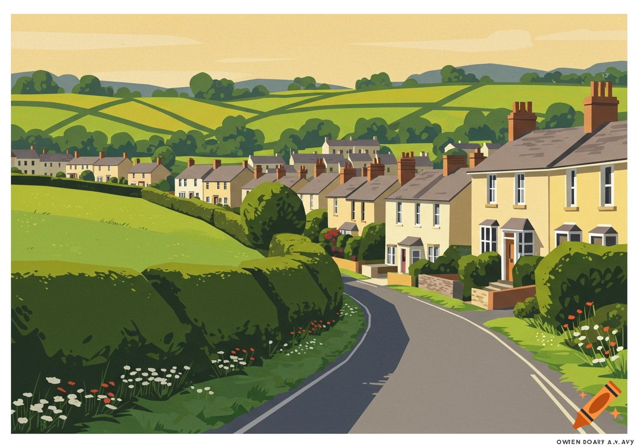 Colorful illustration of a winding village road lined with hedges, houses, and green hills in the style of Owen Davey.