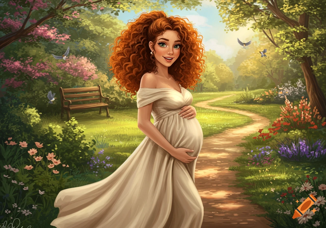 A smiling, curly auburn-haired pregnant woman in a flowing dress stands in a vibrant, sunlit park path, holding her belly. Stylized illustration.