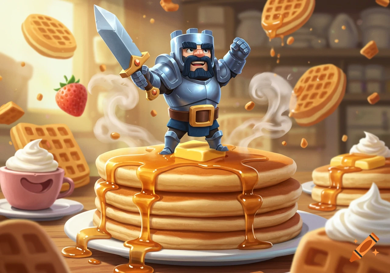 Cartoon knight in armor stands on a stack of syrup-covered pancakes, surrounded by floating waffles and strawberries in a whimsical breakfast scene.