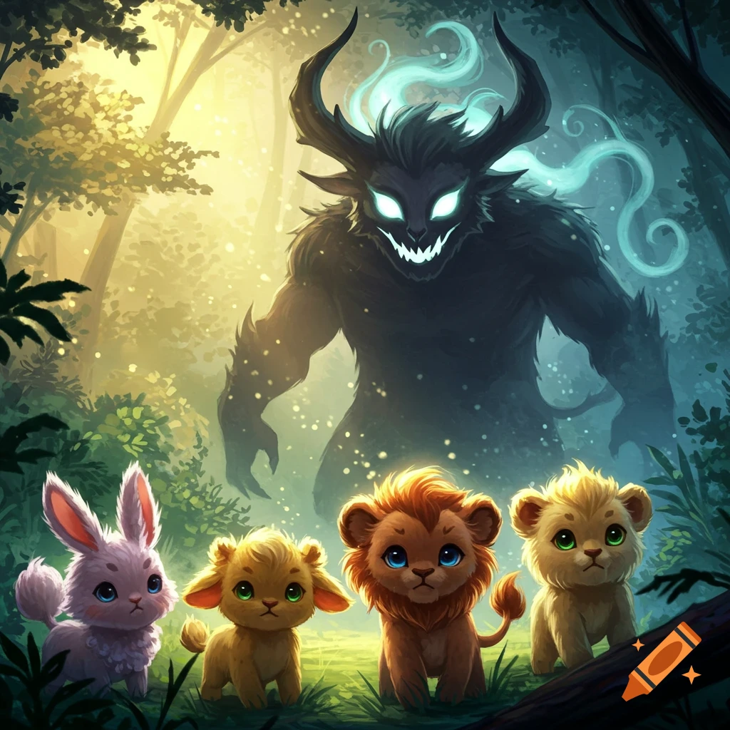 A cute fluffy rabbit and two lion cubs in a mystical forest, looking at a large, shadowy horned monster with glowing eyes. Digital art.