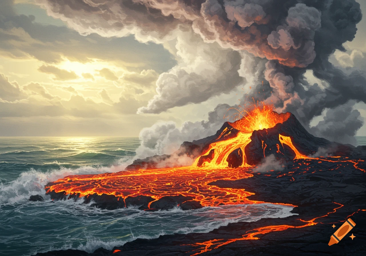 A dramatic volcanic eruption on an island, with bright orange lava flowing into the turbulent dark blue ocean under a fiery, cloudy sky.